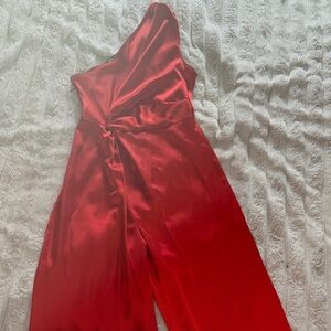 Zara Vibrant Red Satin One-Shoulder Jumpsuit